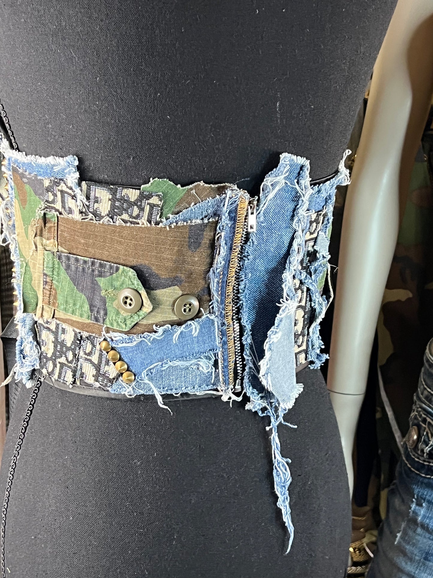 Dior Denim and army fatigue up cycle corset top!!!!